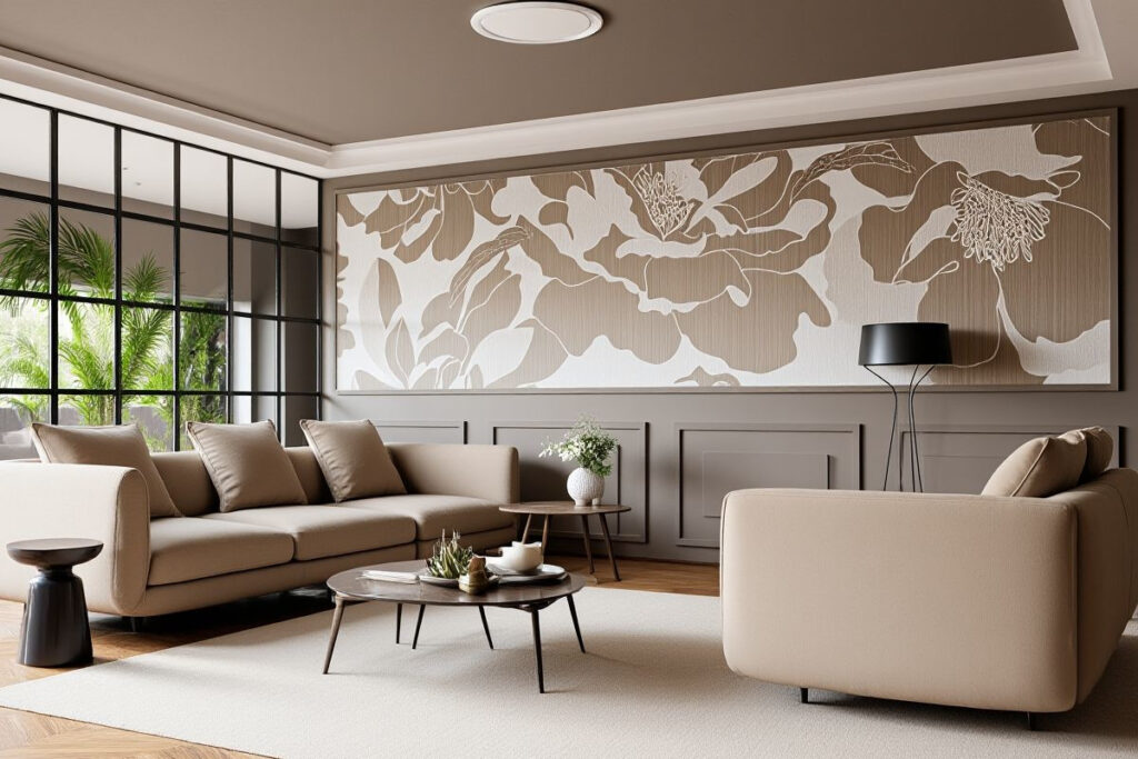 Salon z kwiatową tapetą Warszawa