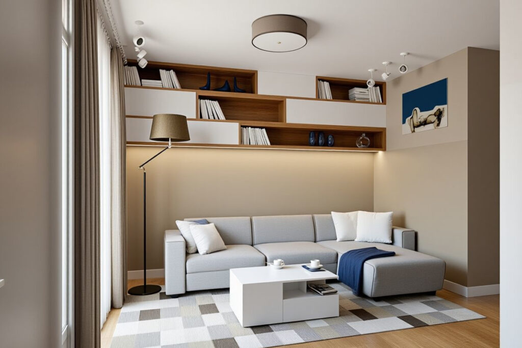 Salon z nowoczesną zabudową nad sofą Warszawa