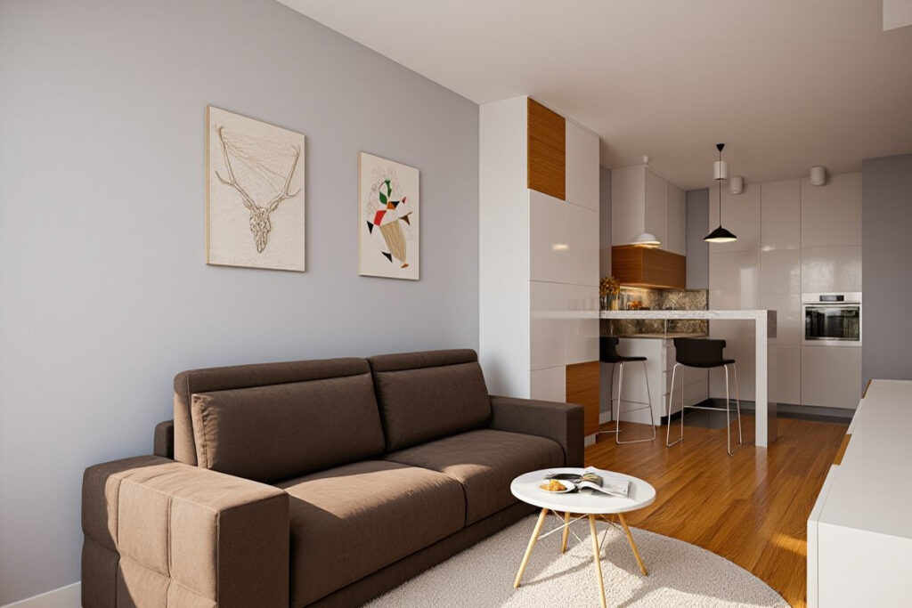 Klasyczny salon z brązową sofą Warszawa