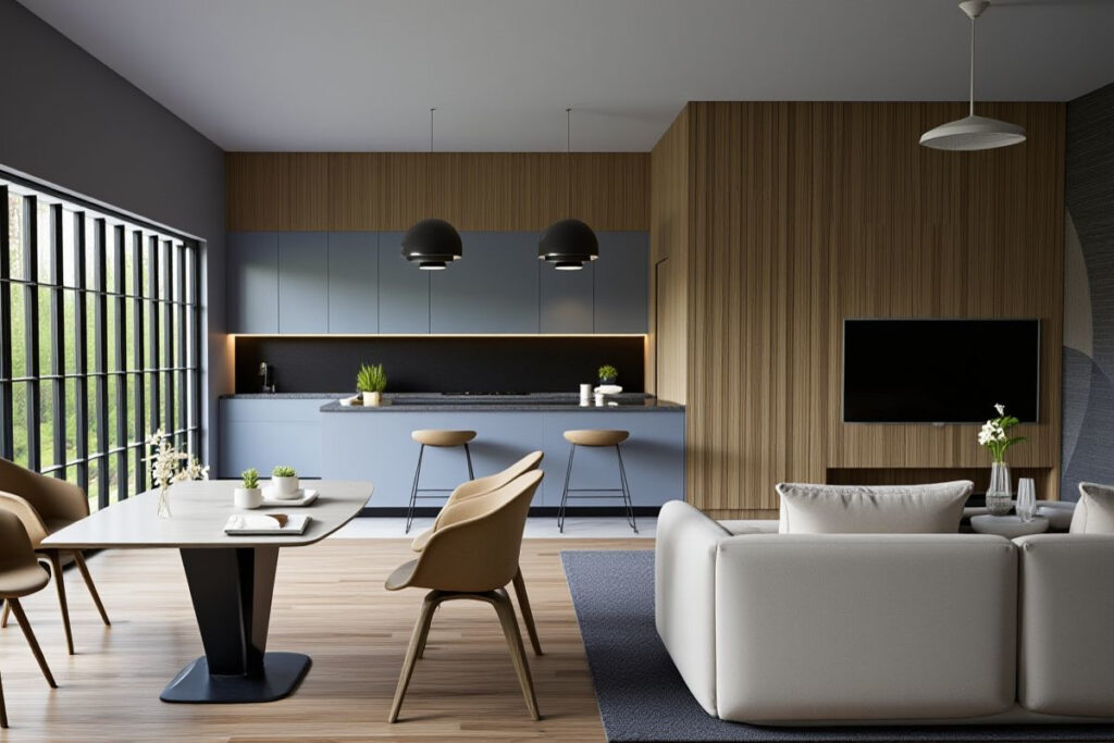 Salon połączony z granatową kuchnią Warszawa