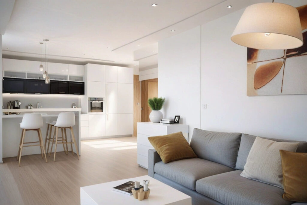 Nowoczesny jasny salon z ciemną sofą Warszawa