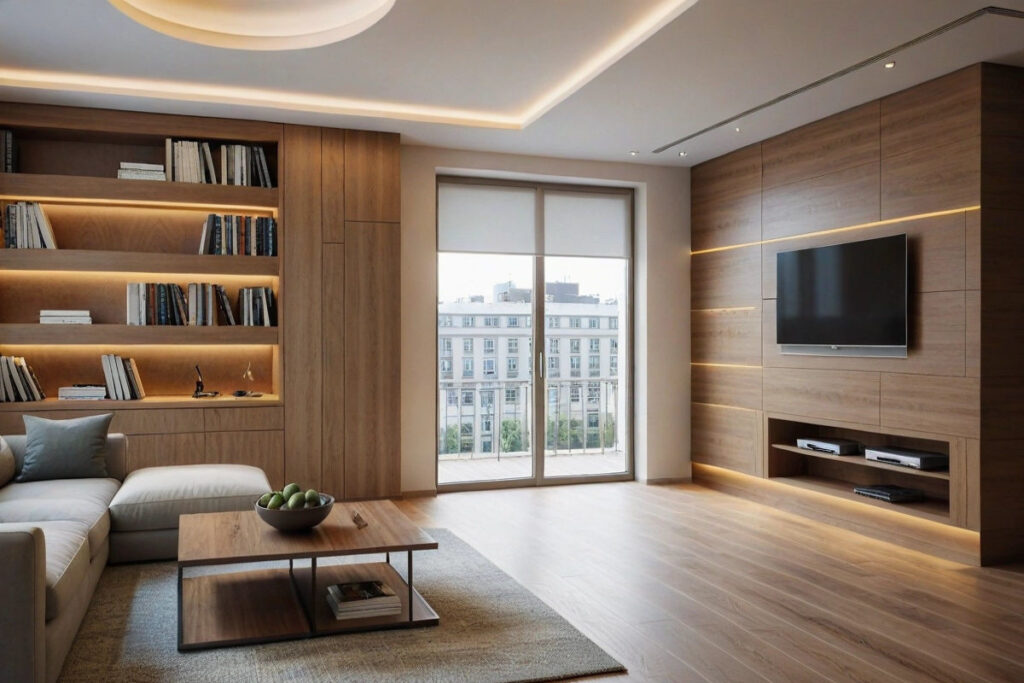 Salon z elegancką drewnianą zabudową Warszawa