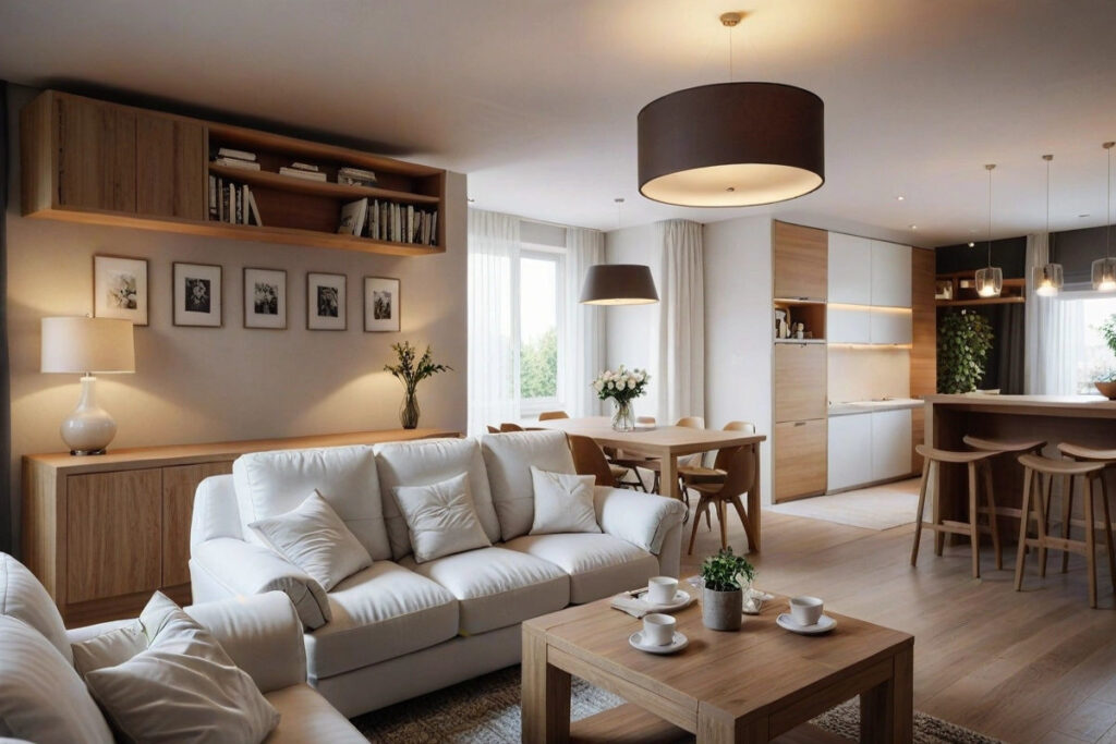 Jasny salon z elementami drewna Warszawa
