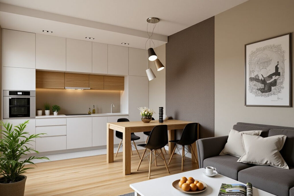 Salon z jadalnią i drewnianym stołem Warszawa